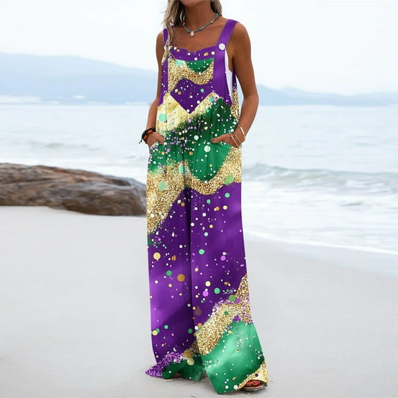 Xixinqiwan Holiday Overalls for Women,Womens 2025 Carnival Themed Overalls Sleeveless Spaghetti Straps Wide Leg Rompers Dressy Trendy Party Jumpsuit