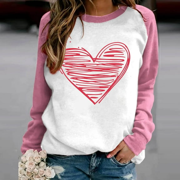 Xixinqiwan Love Heart Sweatshirt for Women,Womens Oversized Crew Neck Pullover Tops Holiday Long Sleeve Tops Outfits