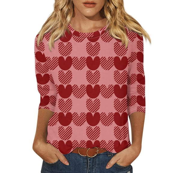 Xixinqiwan Love Shirts for Women,Womens 2025 Valentine's Day Pink Top Romantic Cute 3/4 Sleeve Fashion Blouse Hearts Lovers Tee for Ladies