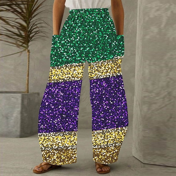 Xixinqiwan Mardi Gras 2025 Women Pants,Womens Wide Leg High Waisted Baggy Drawstring Pants Open Bottoms Jogger Pants with Pockets Masquerade Party Outfit