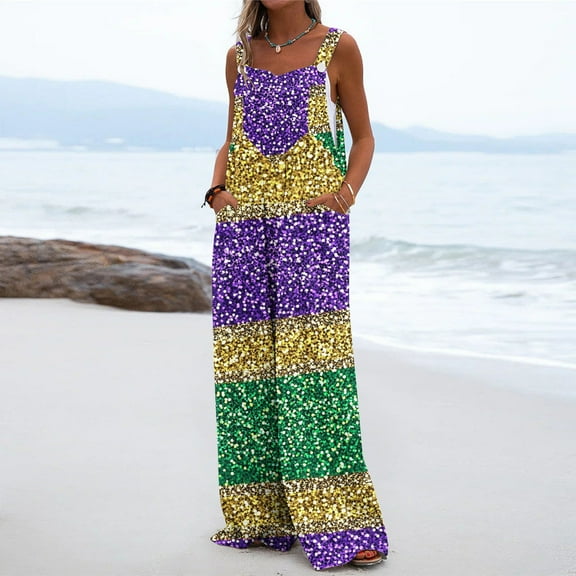 Xixinqiwan Mardi Gras Jumpsuits for Women,Womens 2025 Carnival Themed Bib Overalls Adjustable Straps Wide Leg Rompers Dressy Casual Parade Party Jumpsuit