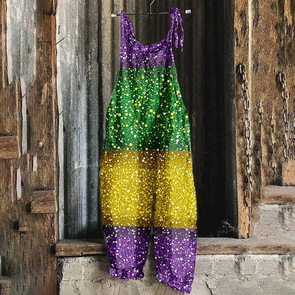 Xixinqiwan Mardi Gras Jumpsuits for Women,Womens Mardi Gras Party Jumpsuits Carnival Themed Sequin Printed Bib Overalls Sleevelss Shoulder Strap Wide Leg Rompers with Pockets