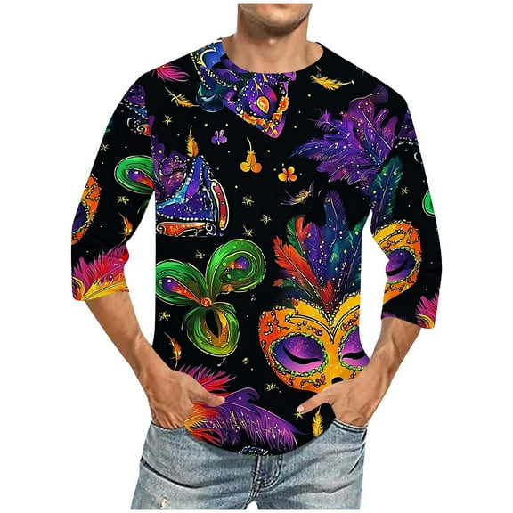 Xixinqiwan Mardi Gras Long Sleeve T-Shirt for Men,Mens Mardi Gras Round Neck Blouse Fat Tuesday Carnival Custume for New Orleans Party