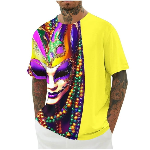 Xixinqiwan Mardi Gras Seven Sleeve Shirt for Men,Casual Loose Round Neck Tops Mardi Gras Novelty 2025 Carnival T Shirts