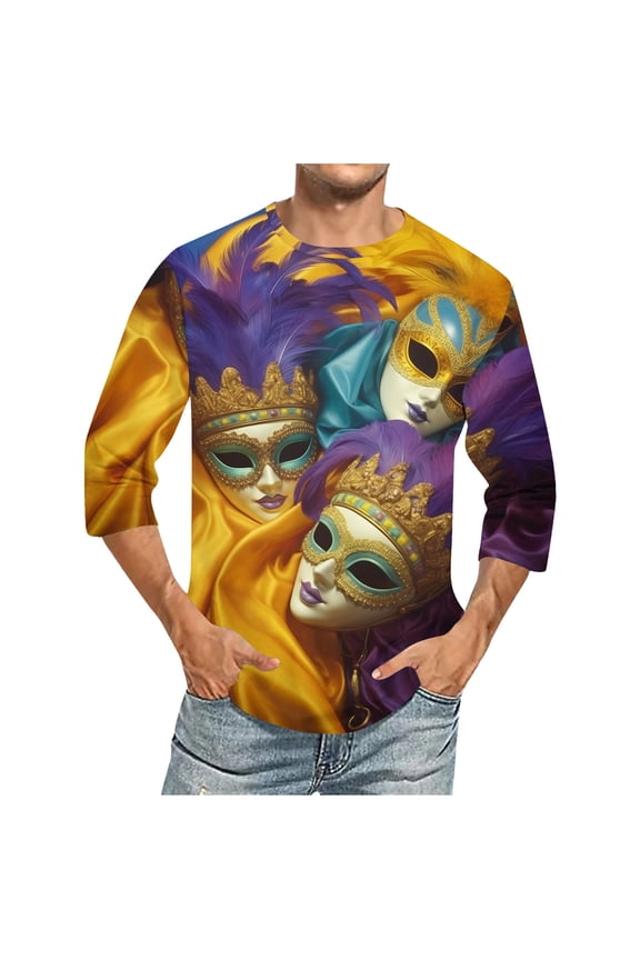 Mardi Gras Shirt for Men,Carnival Mask Print Round Neck Tops Fat Tuesday Carnival Celebration Party Gift