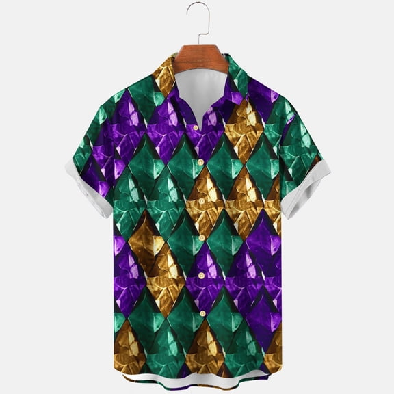 Xixinqiwan Mardi Gras Shirt for Men,Men's Holiday Hawaiian Button Down Short Sleeve Shirt New Orleans Carnival Party Clothing