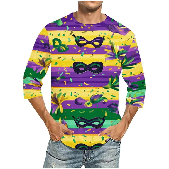 Xixinqiwan Mardi Gras T-shirt for Men,Men's Gold Green Purple Printed Round Neck Tee Masquerade Party Outfit Costume Accessories Set