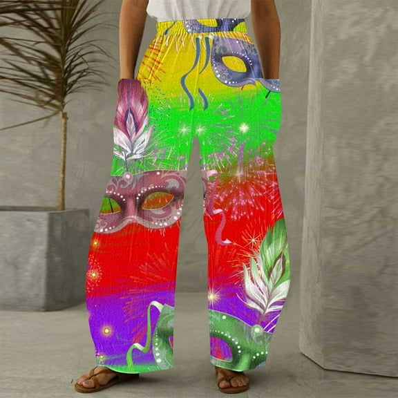 Xixinqiwan Mardi Gras Women's Wide Leg Pants,Mask Graphic Print Casual Elastic Waist Drawstring Straight Leg Pants Carnival Party Costume