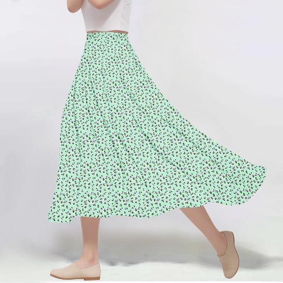 Xixinqiwan Maxi Skirts for Women Clearance under $10,Women Flowy Long Skirts Summer Beach Pleated Elastic High Waisted Casual Swing Maxi Flared Skirts