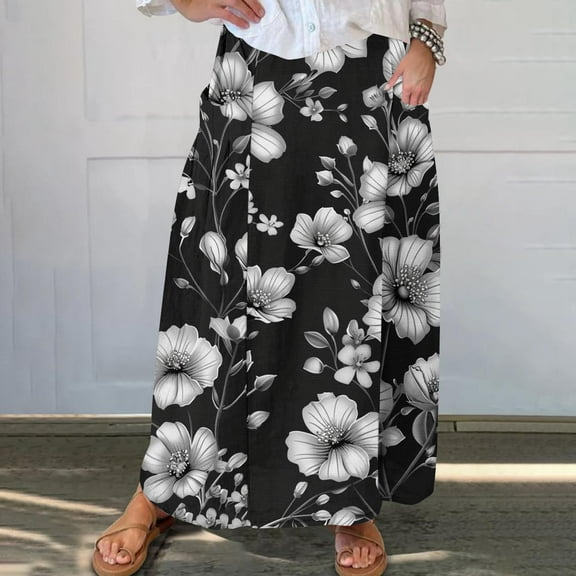Xixinqiwan Maxi Skirts for Women Clearance under $10,Women's Floral Printed Skirt Summer Pleated Elastic Wistband Midi Skirts with Pockets