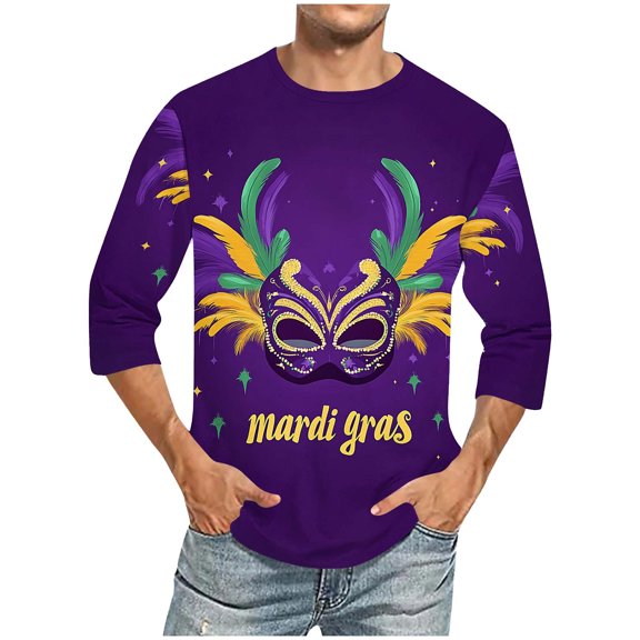 Xixinqiwan Men Long Sleeve Mardi Gras Shirts,Carnival Mask Print Round Neck Tops Fat Tuesday Carnival Celebration Party Gift