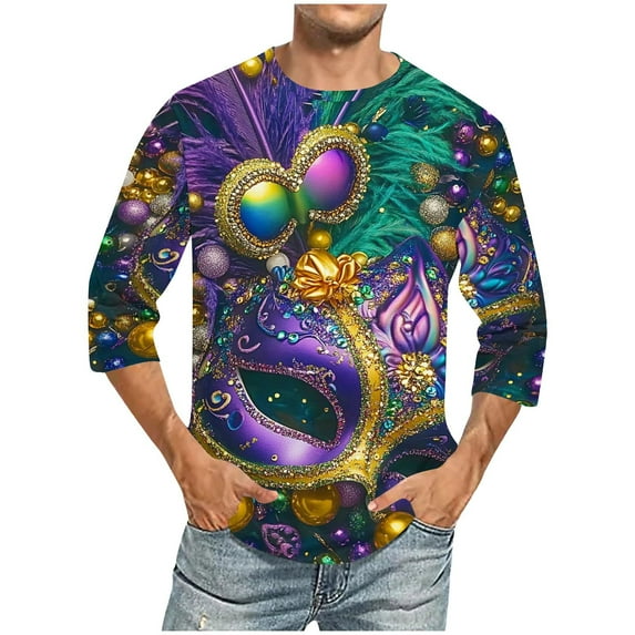 Xixinqiwan Men Long Sleeve Mardi Gras Shirts,Casual Loose Round Neck Tops Mardi Gras Novelty 2025 Carnival T Shirts