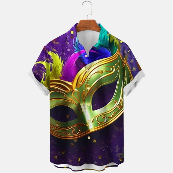 Xixinqiwan Men Mardi Gras Shirt,Men's Gold Green Purple V Neck Short Sleeve Tee Mask Print Shirts Carnival Costume Casual Tops