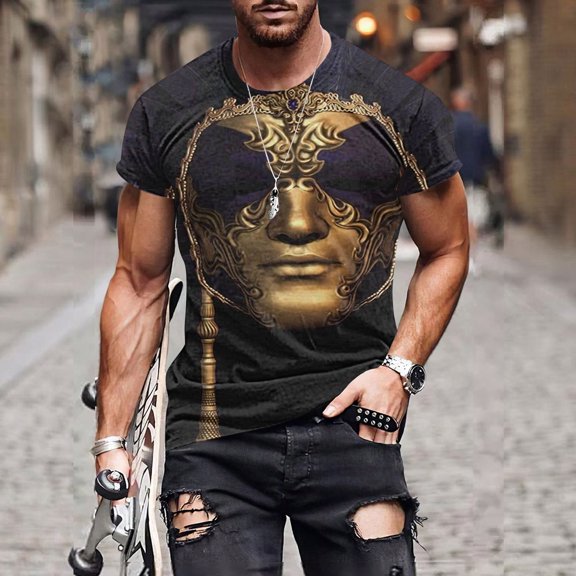 Xixinqiwan Men Short Sleeve Shirts,Mens Mardi Gras Mask Printed Shirts Round Neck Casual Loose Tops Fat Tuesday Shirts