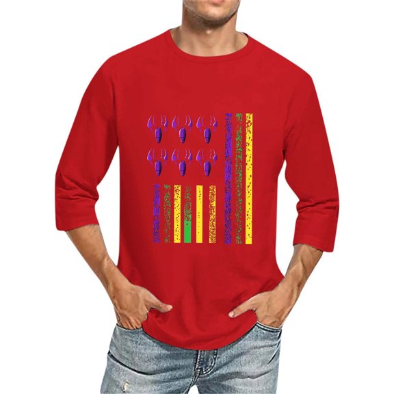 Xixinqiwan Men Tops Long Sleeves,Mardi Gras Masks and Beads Adult T-Shirt for New Orleans Party Carnival