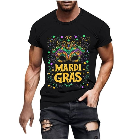 Xixinqiwan Men Tops Mardi Gras Dress Shirt,Men's Gold Green Purple Round Neck Short Sleeve Tee Mask Print Shirts Carnival Costume Casual Tops