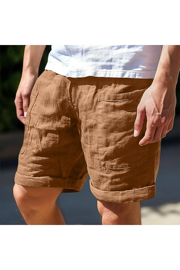 Mens Cotton Linen Shorts,Mens Athletic Shorts Comfy Pull On Elastic Waist Casual Lounge Summer Beach Shorts with Pocket