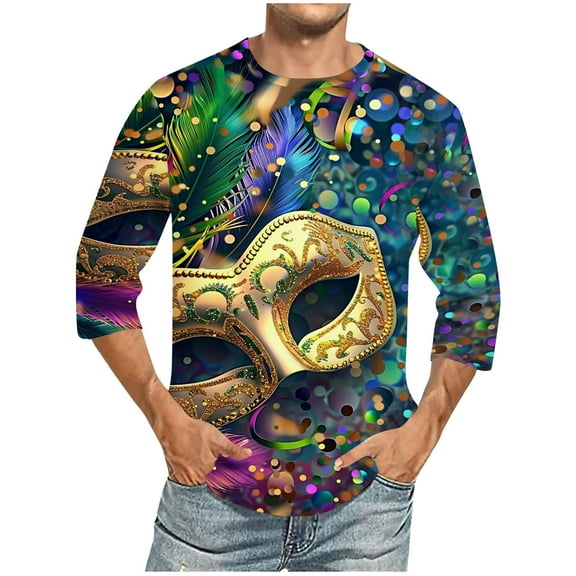 Xixinqiwan Mens Mardi Gras Clothing,Casual Loose Round Neck Tops Mardi Gras Novelty 2025 Carnival T Shirts