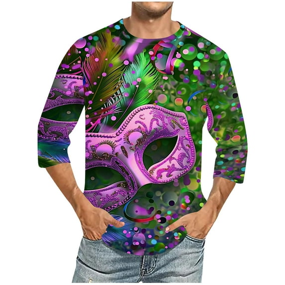 Xixinqiwan Mens Mardi Gras Clothing,Casual Loose Round Neck Tops Mardi Gras Novelty 2025 Carnival T Shirts