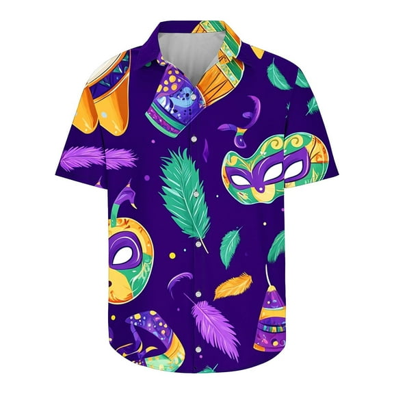 Xixinqiwan Mens Mardi Gras Clothing,Mens Short Sleeve Button Down V Neck Casual Tshirts New Orleans Parade Custume Tops