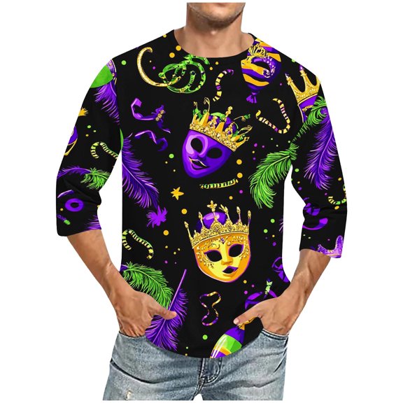 Xixinqiwan Mens Mardi Gras Long Sleeve Shirt,Men's Mardi Gras Fat Tuesday Shirts Mardi Gras Carnival Celebration Pullover Top