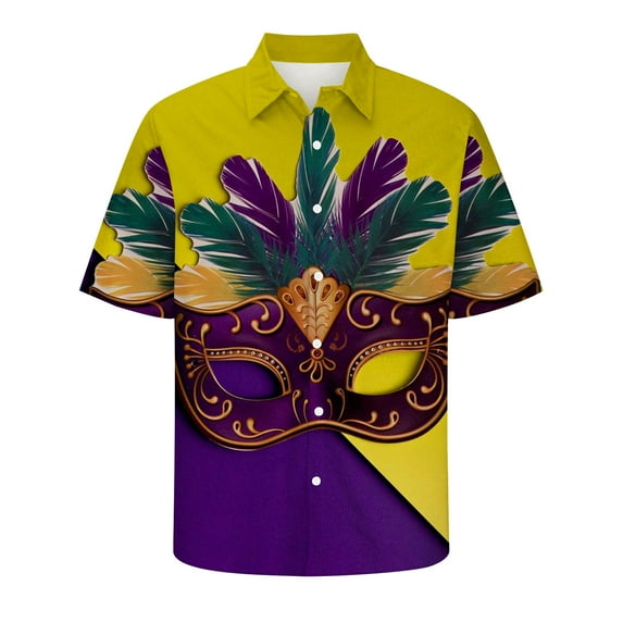 Xixinqiwan Mens Mardi Gras Short Sleeve Shirt,Mens Lapel Button Down Shirts Fat Tuesday Carnival Tee New Orleans Party