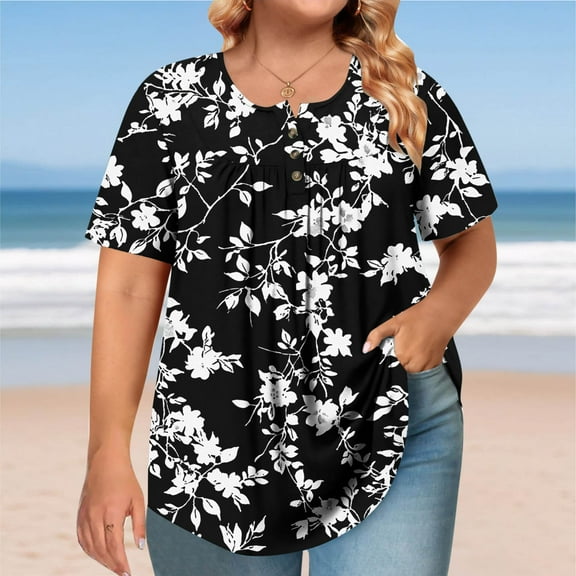 Xixinqiwan Graphic Tees for Women Oversized T-Shirts Summer Hawaiian Beach Tops Shirts Tropical Beach Short Sleeve Button Down Tees