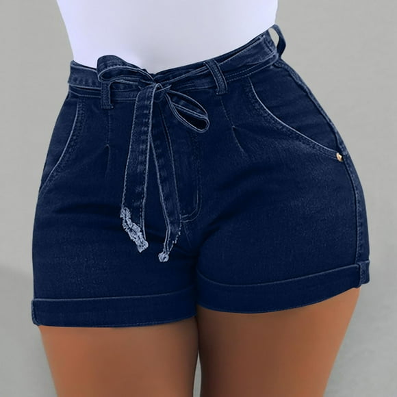 Xixinqiwan No Boundaries Plus Size Jean Shorts for Women High Waisted Stretchy Self Belt Tie Folded Hem Denim Shorts