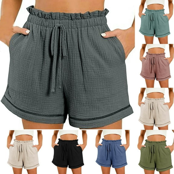 Xixinqiwan Summer Linen Shorts for Women Comfy Breathable Elastic High Waisted Running Shorts Vacation Beach Casual Shorts with Pockets