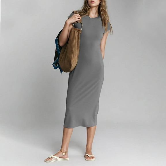 Xixinqiwan No Boundaries Sundresses for Women 2025 Plus Size,Womens Casual Slim Round Neck Short Sleeve Solid Colour Long Dresses Green L