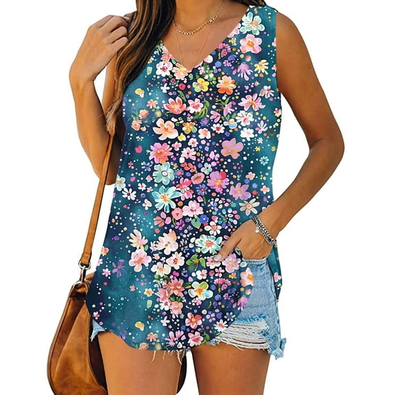 Xixinqiwan No Boundaries V Neck Tank Top for Women Summer Casual Sleeveless Tops Loose Fit Business Cute Floral Blouse Basic Shirt