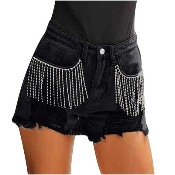 Xixinqiwan Women Denim Short Mid Waist Frayed Raw Hem Rippped Rhinestone Tassel Jean Short Summer Trendy Outfits