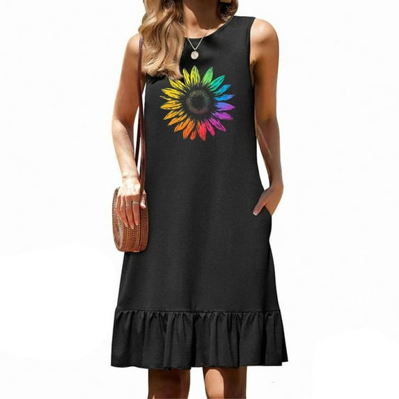 Xixinqiwan Women's Floral Print Round Neck Sleeveless Pocket Pleated Hemline Patchwork Dress Black XL