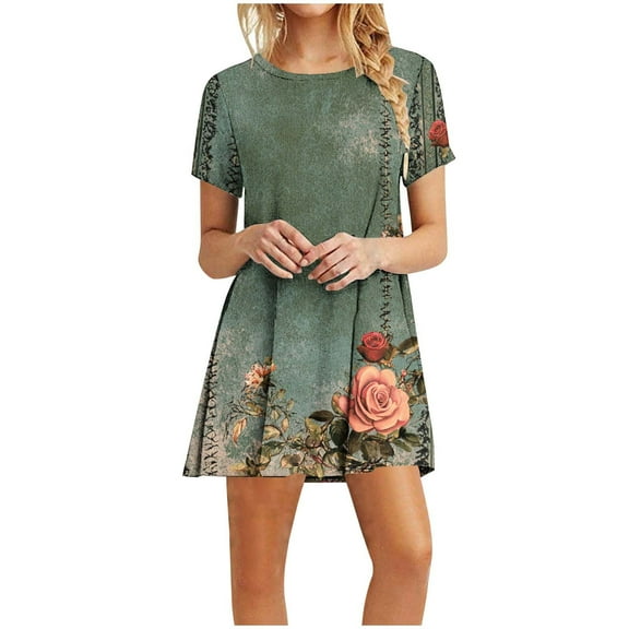 Xixinqiwan Womens Short Sleeve Crew Neck Dress Floral Print Long Dress,Summer Boho Floral Casual Dress