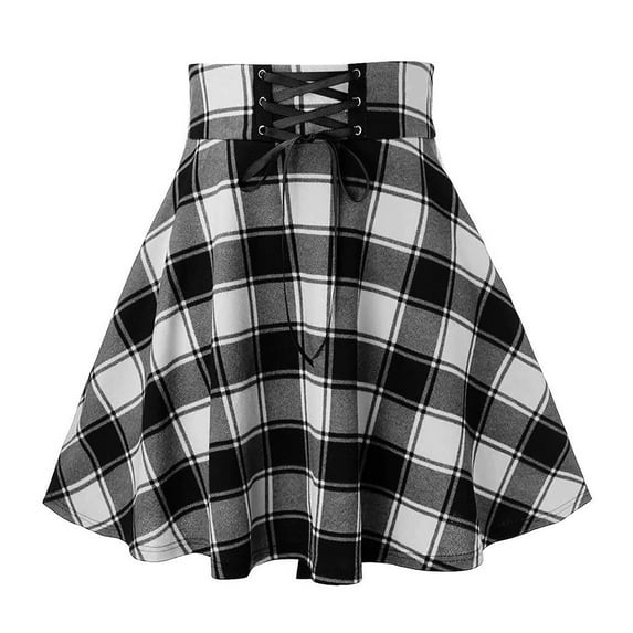 Xixinqiwan Women Plus Size Skirt,Mini Skirts for Women Plaid Printed Lace-Up Short Skirt Short A-Line Skirts with Tiered Design