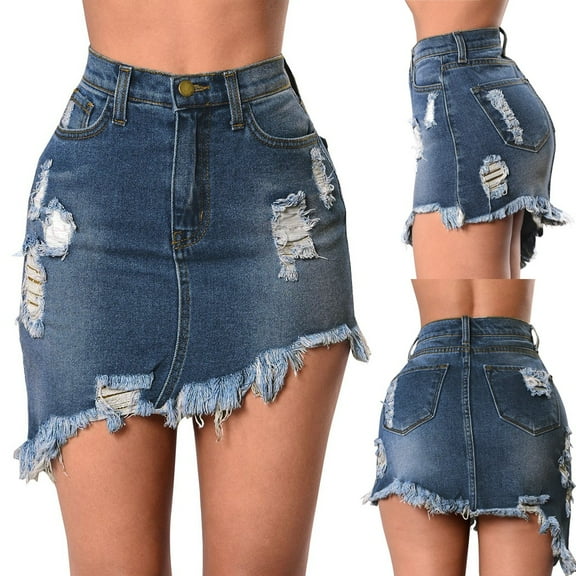 Xixinqiwan No Boundaries Women Plus Size Skirt,Women's Casual Ripped Jean Skirt High Waisted Asymmetrical Raw Hem Wrap Mini Denim Skirt