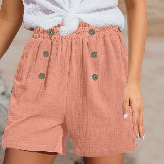 Xixinqiwan Women Shorts Summer Casual High Waisted Cotton Shorts Pleated Elastic Waist Utility Pockets Comfy Shorts