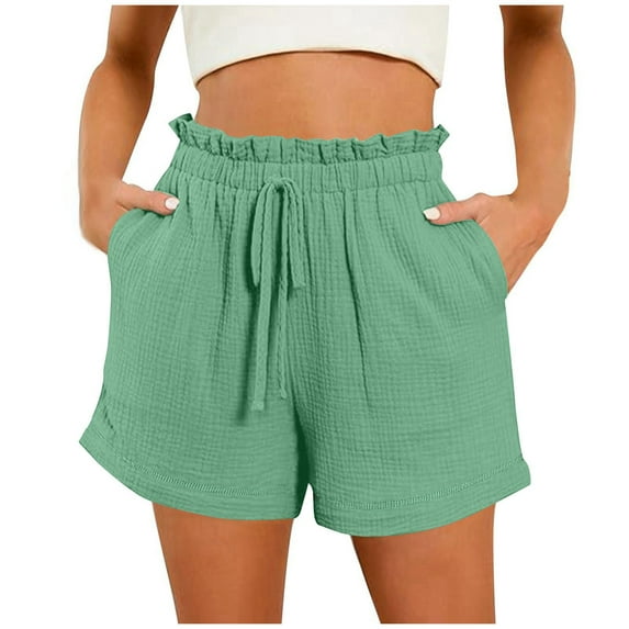 Xixinqiwan Women Shorts Casual Drawstring Elastic Waist Shorts Summer Ruffle Hem Beach Shorts with Pockets