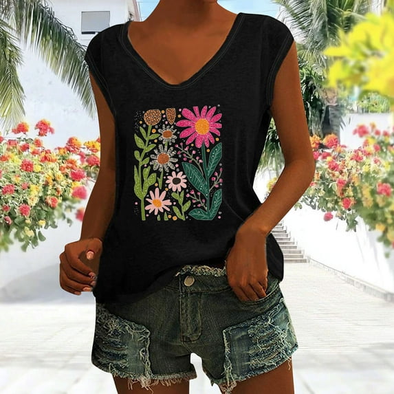 Xixinqiwan Women Tops,Women's Cap Sleeve Tank Tops V Neck Cute Printed Workout T Shirts Casual Loose Tunic Blouse