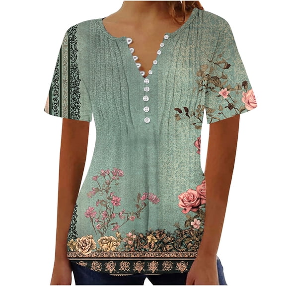 Xixinqiwan Women Tops,Womens Dressy Blouses Summer Short Sleeve Shirts V Neck Casual Floral Graphic Tee Work Tops