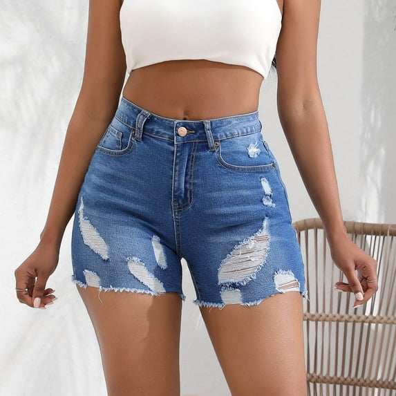 Xixinqiwan Women's Casual Stretchy Denim Shorts High Waisted Butt Lift Ripped Raw Hem Jeans Shorts Plus Size