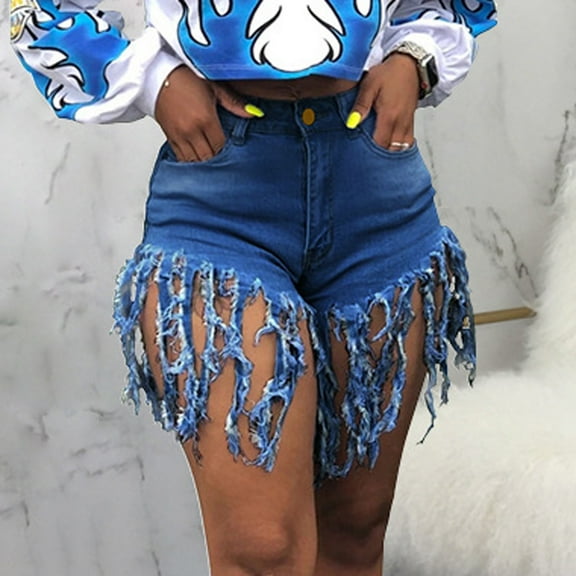 Xixinqiwan Women's Denim Shorts High Waisted Frayed Raw Hem Rippped Tassel Jeans Short Trendy Outfit Street Wear