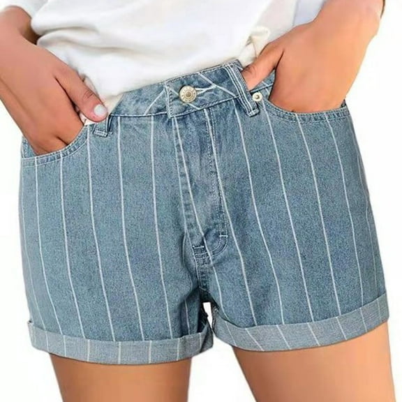 Xixinqiwan No Boundaries Women's High Rise Striped Jeans Short Summer Vintage Straight Leg Roll Hem Denim Shorts Bermuda Hotpants