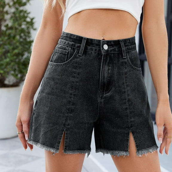 Xixinqiwan No Boundaries Women's High Waist Denim Shorts Casual Straight Leg Jean Shorts Raw Hem Denim Bermuda Shorts
