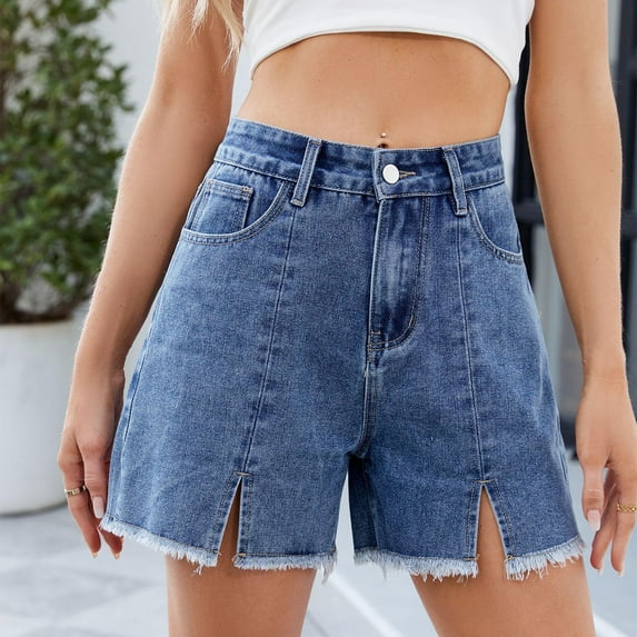 Xixinqiwan Women's High Waist Denim Shorts Casual Straight Leg Jean Shorts Raw Hem Denim Bermuda Shorts