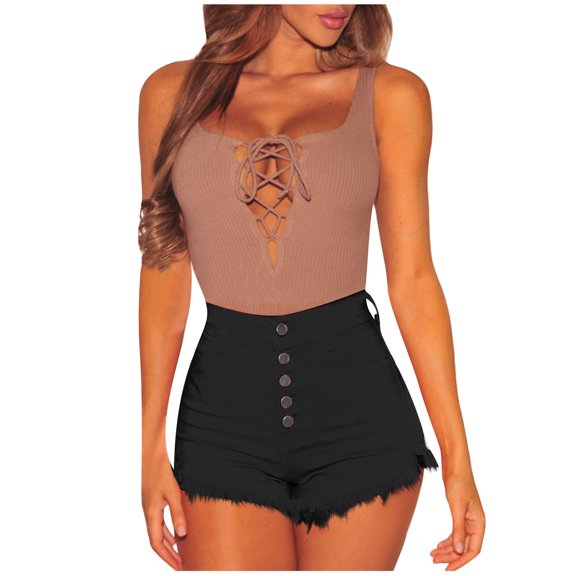 Xixinqiwan No Boundaries Women's High Waist Denim Shorts Strechy Button Down Tassel Raw Hem Jean Shorts Summer Hot Pants with Pockets