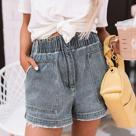 Xixinqiwan No Boundaries Women's High Waisted Cargo Denim Shorts Elastic Waistband Jean Shorts Straight Leg Pull On Summer Shorts