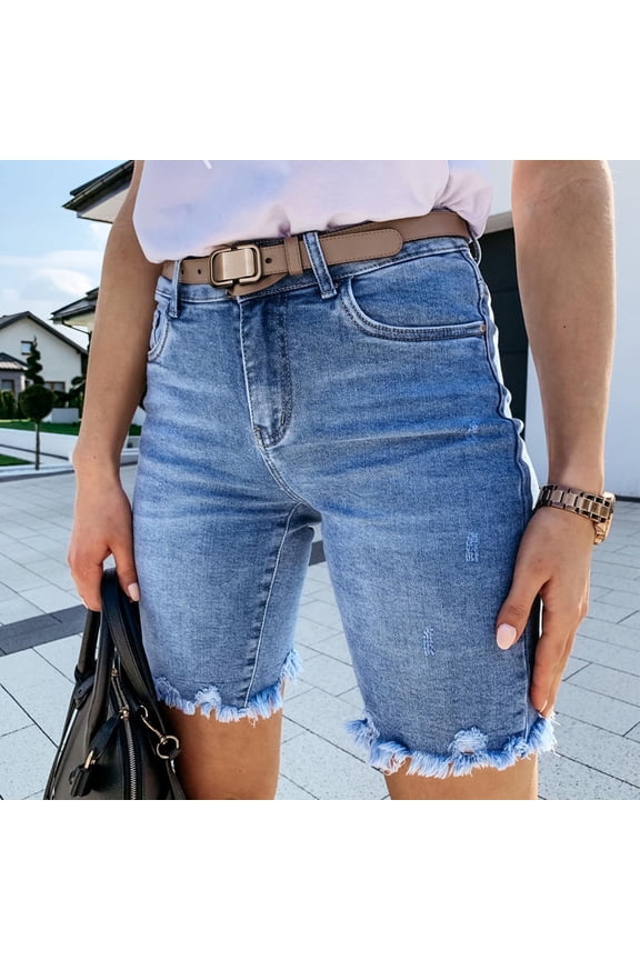 Women's Summer Denim Bermuda Shorts Mid Waisted Stretchy Ripped Cuffed Hem Jean Shorts Five Points Skinny Short