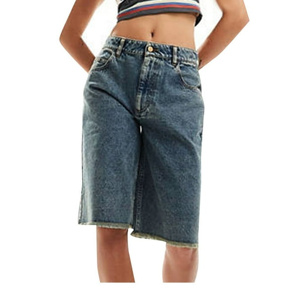 Xixinqiwan No Boundaries Women's Summer Denim Bermuda Shorts Mid Waisted Wide Leg Raw Hem Jean Shorts Five Points Cargo Short