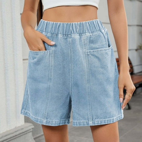 Xixinqiwan No Boundaries Women's Summer Jean Shorts Elastic High Waisted Casual Straight Leg Denim Shorts with Pockets
